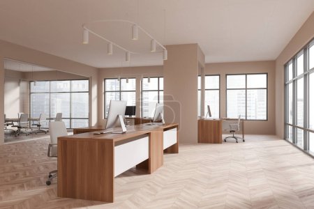 Photo for Modern business interior with coworking and conference room behind glass doors, side view. Work corner with desk and pc computer, panoramic window on skyscrapers. 3D rendering - Royalty Free Image