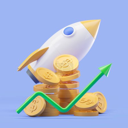 Photo for 3d rendering. Large rocket take off, rising graph line with stack of gold coins falling. Concept of investment and successful start up. Illustration - Royalty Free Image