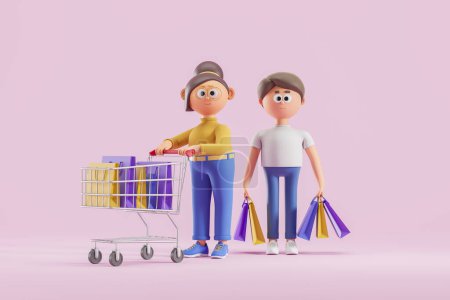 Foto de Mujer feliz con carrito de compras de pie junto a su marido con bolsas. Concepto de compras y consumismo. renderizado 3d - Imagen libre de derechos