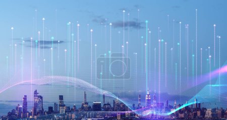 Photo for Immersive blurry network interface arrows over new York skyline cityscape. Concept of internet, communication and smart city - Royalty Free Image