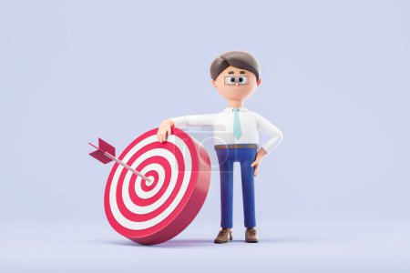 Photo for Businessman with dark hair and glasses standing with white and red target with bullseye arrow in it over light blue background. Concept of successful solution and business goals. 3d rendering - Royalty Free Image