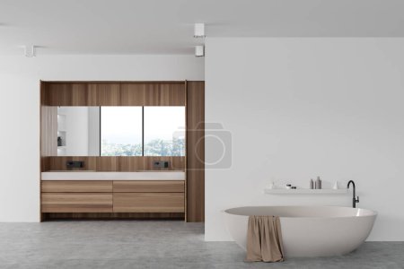 Photo for White and wooden hotel bathroom interior with bathtub on grey concrete floor. Double sink with wooden dresser and mirror, mock up empty wall. 3D rendering - Royalty Free Image
