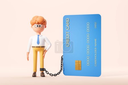 Foto de Renderizado 3d. Empresario personaje de dibujos animados estresado con tarjeta de crédito grande y cadena en fondo beige. Concepto de carga y deuda, ilustración - Imagen libre de derechos