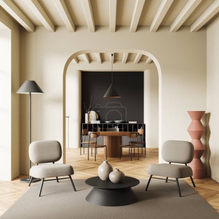 Beige Wohnzimmer-Interieur mit Sesseln, Esstisch mit Stühlen hinter Bogen Trennwand und Schublade mit Kunstdekoration auf Hartholzboden. 3D-Rendering