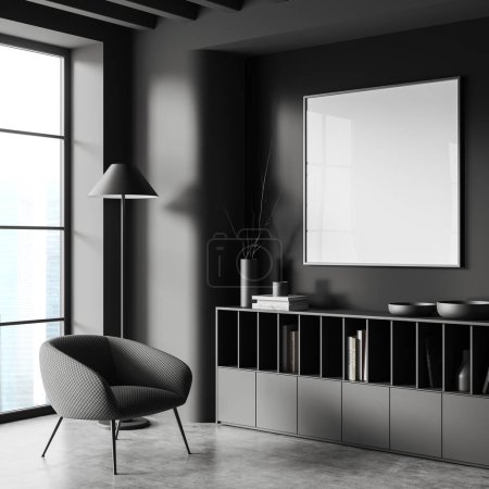 Photo for Square mock up poster hanging above gray dresser in living room with gray walls, concrete floor and armchair standing near window with blurry cityscape. 3d rendering - Royalty Free Image