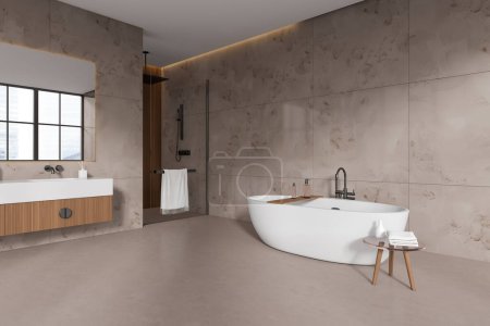 Téléchargez les photos : Salle de bains moderne de l'hôtel intérieur avec lavabo, douche derrière porte vitrée et baignoire avec accessoires. Coin de bain élégant avec un design moderne. rendu 3D - en image libre de droit