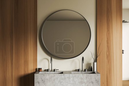 Téléchargez les photos : Intérieur de salle de bain beige avec double lavabo et miroir rond, lavabo en pierre et accessoires de bain hôtel, bouteille de crème et vase. rendu 3D - en image libre de droit