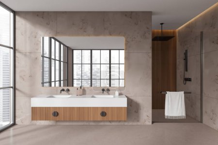 Modern hotel bathroom interior with double sink and shower behind glass partition, panoramic window on skyscrapers. Stylish bathing area with modern design. 3D rendering