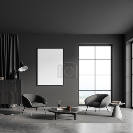 Photo for Dark living room interior two armchairs and coffee table on carpet, drawer with decoration, grey concrete floor. Panoramic window on countryside. Mock up blank poster. 3D rendering - Royalty Free Image