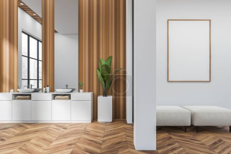 Téléchargez les photos : Intérieur de salle de bain blanche avec double lavabo et canapé sur plancher de bois franc. Zone de refroidissement et fenêtre panoramique sur Singapour vue sur la ville. Affiche maquillée. rendu 3D - en image libre de droit