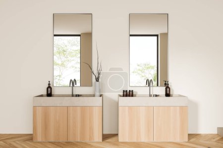 Foto de Interior del baño blanco con doble lavabo y dos espejos, suelo de madera, ventana en los trópicos. Elegante lavabo en el moderno estudio del hotel. Renderizado 3D - Imagen libre de derechos