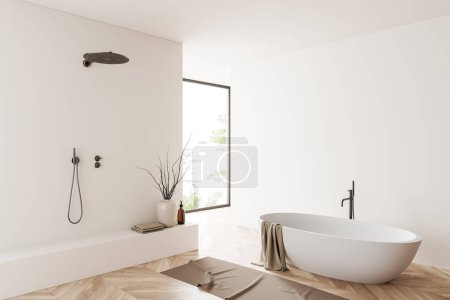 Téléchargez les photos : Intérieur salle de bain blanche avec baignoire et douche, vue latérale, fenêtre panoramique sur les tropiques, parquet. Salle de lavage élégante avec mur d'espace de copie maquette. rendu 3D - en image libre de droit