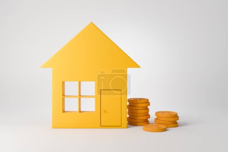 Foto de Casa y moneda dorada sobre fondo gris claro. Concepto de hipoteca, ahorro de dinero e inversión. Renderizado 3D - Imagen libre de derechos