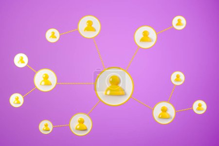 Photo for Social network circuit with yellow personal icons, circuit of profiles on purple background. Concept of communication and connection. 3D rendering - Royalty Free Image