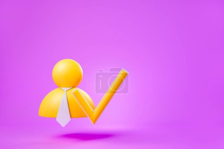 Photo for Yellow cartoon profile with tick checkmark icon on purple background. Concept of profile verification, authorization. Copy space. 3D rendering - Royalty Free Image