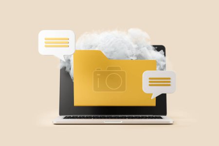 Téléchargez les photos : Écran d'ordinateur portable et dossier jaune avec notification de transfert de données, fond beige. Concept de stockage en nuage. rendu 3D - en image libre de droit