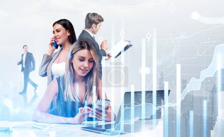 Photo for Business people working together, text and call on the phone. Double exposure of stock market chart with candlesticks and lines, New York cityscape. Concept of conference - Royalty Free Image