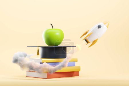Foto de Cohete despegue, pila de libros, gorra de graduación sobre fondo beige. Concepto de graduación y plan futuro. Renderizado 3D - Imagen libre de derechos