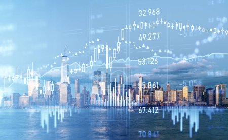Photo for Stock market changes, forex diagrams with rising candlesticks and numbers. Double exposure with building in New York skyline, financial hologram - Royalty Free Image