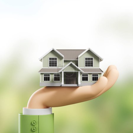 Téléchargez les photos : Dessin animé main tenir une grande maison sur fond vert flou. Concept d'agent immobilier et de loyer. Espace de copie. rendu 3D - en image libre de droit
