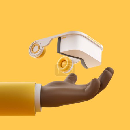 Photo for African cartoon hand with futuristic vr glasses headset on yellow background. Concept of metaverse and virtual reality. 3D rendering - Royalty Free Image
