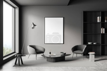Photo for Dark living room interior two armchairs and coffee table on carpet, shelf with decoration, grey concrete floor. Panoramic window on countryside. Mock up blank poster. 3D rendering - Royalty Free Image