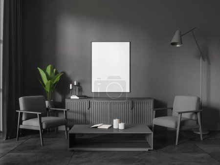 Photo for Dark living room interior two armchairs and coffee table with decoration, plant with sideboard on dark tile floor. Mock up blank poster. 3D rendering - Royalty Free Image