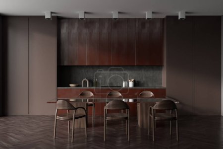 Foto de Interior de la cocina oscura con sillas y mesa de comedor en suelo de madera, vista frontal. Utensilios de cocina y electrodomésticos con estantes. Renderizado 3D - Imagen libre de derechos
