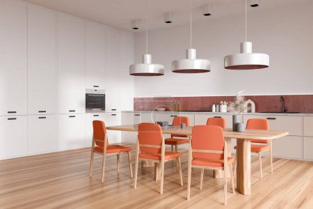 Photo for White kitchen interior with orange chairs and dining table on hardwood floor, side view. Kitchenware on deck and oven. Stylish eating corner in luxury apartment. 3D rendering - Royalty Free Image