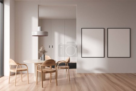 Photo for White living room interior with chairs and dining table. Eating room with furniture and decoration, hardwood floor. Two mock up posters in hall, 3D rendering - Royalty Free Image