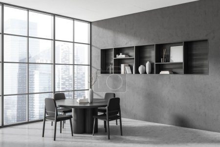 Photo for Dark dining room interior with chairs and wooden table, shelf with books and decoration, side view, grey concrete floor. Panoramic window on city view. 3D rendering - Royalty Free Image