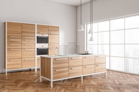 Photo for White kitchen interior with island cabinet and shelves, side view. Panoramic window on Singapore city view on hardwood floor, sink and oven. 3D rendering - Royalty Free Image