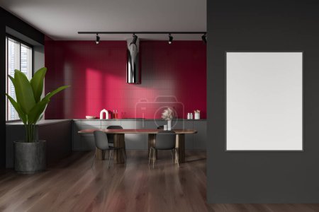 Photo for Dark kitchen interior with chairs and dining table. Eating and cooking space with modern furniture and window, hardwood floor. Mock up poster before entrance, 3D rendering - Royalty Free Image