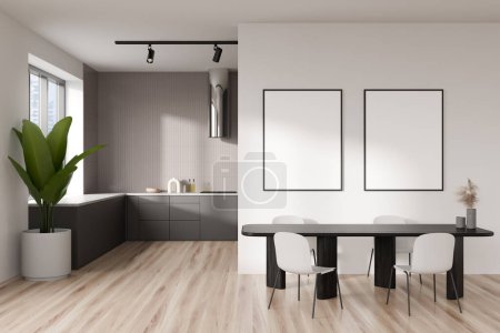 Photo for White kitchen interior with chairs and dining table. Eating and cooking space with modern furniture and window, hardwood floor. Two mock up posters, 3D rendering - Royalty Free Image