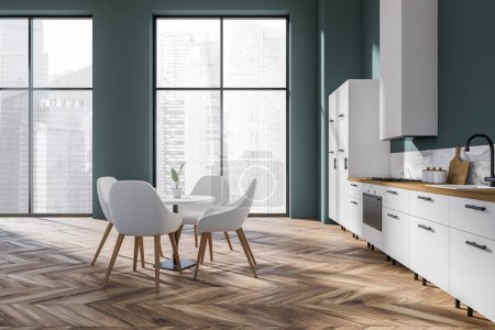 Photo for Blue kitchen interior with dining table and chairs, side view, hardwood floor. Modern appliances, sink, oven and stove with hood. Panoramic window on Singapore city view. 3D rendering - Royalty Free Image