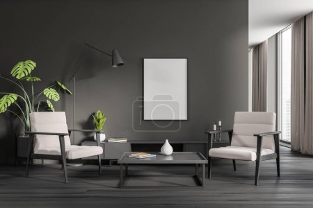 Photo for Dark living room interior two armchairs and sideboard with decoration, black hardwood floor. Panoramic window on city view. Mock up blank poster. 3D rendering - Royalty Free Image