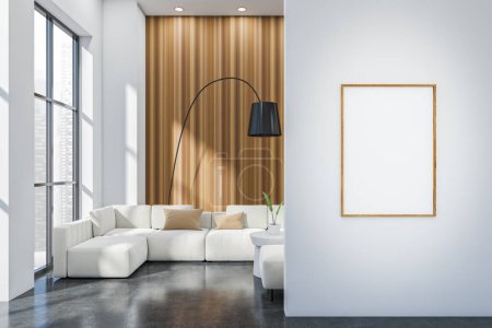Photo for White living room interior with sofa and coffee table, grey concrete floor. Panoramic window on Singapore city view. Mockup poster before entrance. 3D rendering - Royalty Free Image