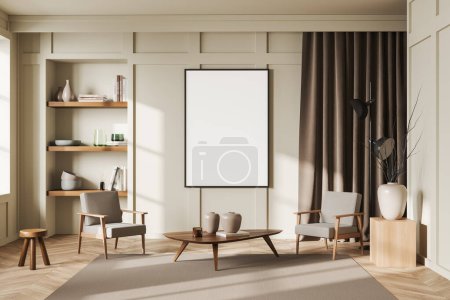 Photo for Light living room interior with two armchairs and coffee table, shelf with art decoration, carpet on hardwood floor. Mock up blank poster. 3D rendering - Royalty Free Image
