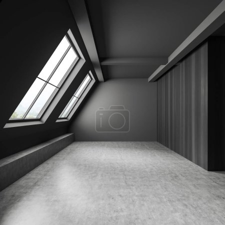 Dunkle Dachgeschossausstattung mit grauem Betonboden, Frontansicht, leere Einzimmerwohnung ohne Möbel. Panoramafenster auf die Landschaft. 3D-Rendering