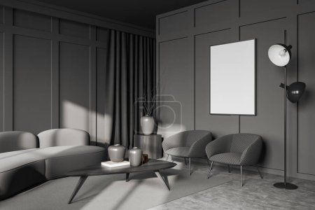 Photo for Grey living room interior with sofa and armchairs with coffee table, side view, stand with vase and lamp on grey concrete floor. Mock up blank poster, 3D rendering - Royalty Free Image