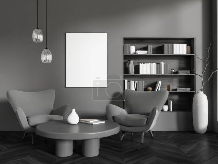 Foto de Interior de la sala de estar gris con dos sillones, mesa de centro y estante con decoración de arte, alfombra en suelo de madera oscura. Prepara un póster en blanco. Renderizado 3D - Imagen libre de derechos