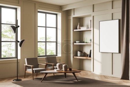 Photo for Beige living room interior with two armchairs and coffee table, side view, shelf with art decoration, panoramic window on tropics. Mock up blank poster. 3D rendering - Royalty Free Image