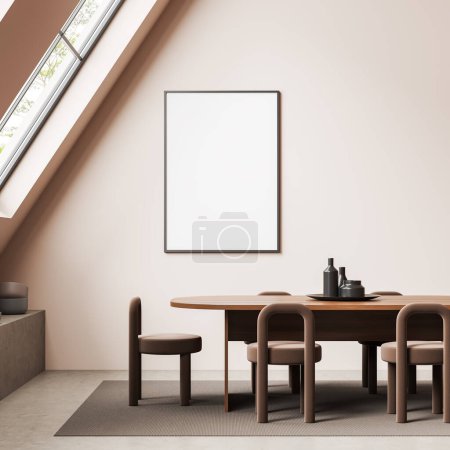 Photo for Beige attic living room interior with chairs and table, carpet on light concrete floor. Panoramic window on tropics. Mock up canvas poster. 3D rendering - Royalty Free Image