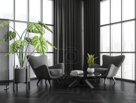 Téléchargez les photos : Élégant salon intérieur avec deux fauteuils, vue latérale, table basse avec décoration sur parquet foncé. Fenêtre panoramique sur Singapour vue sur la ville. rendu 3D - en image libre de droit