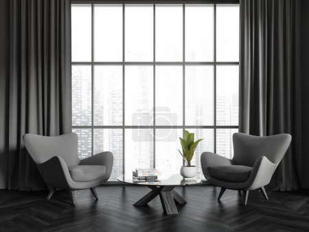 Foto de Elegante salón interior con dos sillones, vista frontal, mesa de centro con decoración en suelo de madera oscura. Ventana panorámica de la ciudad de Singapur. Renderizado 3D - Imagen libre de derechos