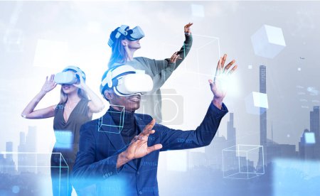 Photo for White and black business people in vr headset, hands touch digital hologram with information fields, blockchain in metaverse, New York skyscrapers. Concept of virtual reality - Royalty Free Image