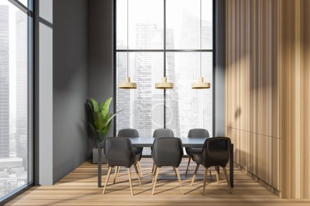 Photo for Dark living room interior with table and chairs, front view, hardwood floor. Panoramic window on Singapore city view. Minimalist dining room with lamps. 3D rendering - Royalty Free Image