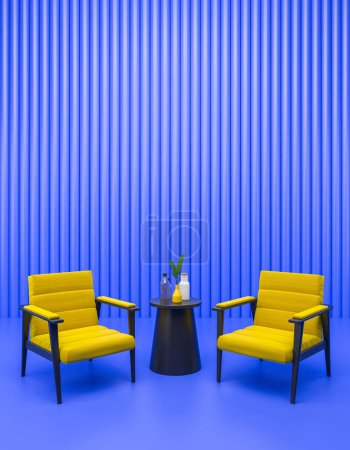 Photo for Blue living room interior with two armchairs and stand with books, minimalist bright meeting area. Concept of chill space. Empty wall. 3D rendering - Royalty Free Image
