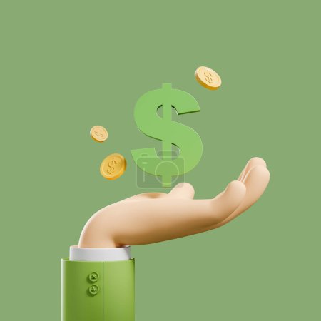 Foto de Caricatura mano mantenga signo de dólar con monedas de oro flotante, fondo verde. Concepto de inversión e ingresos. Renderizado 3D - Imagen libre de derechos