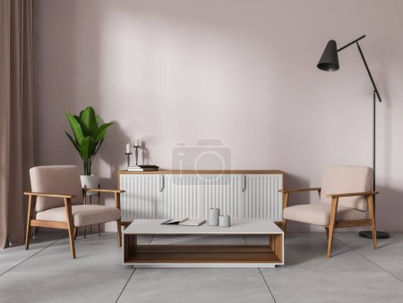 Photo for Stylish living room interior with two armchairs and coffee table, plant and sideboard on tile floor. Relax space and mockup empty wall, 3D rendering - Royalty Free Image
